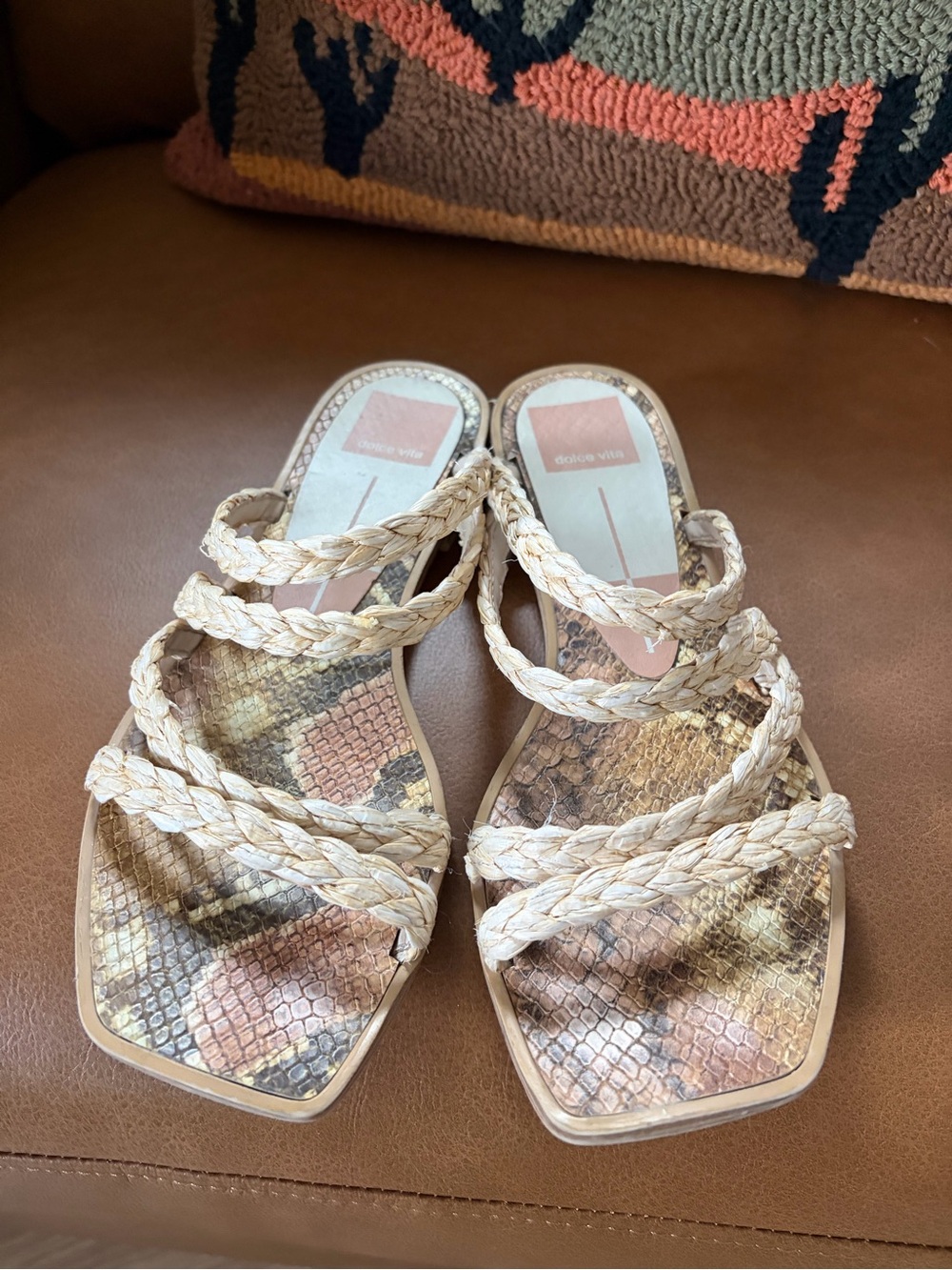 Dolce Vita Braided Strap Snake-Print Slide Sandals - Beige & Tan